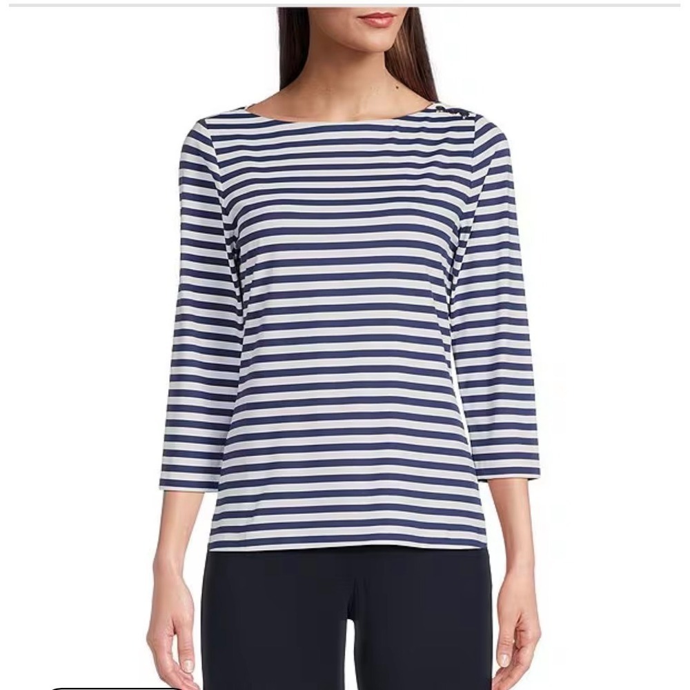 J McLaughlin Striped Button Shoulder Tee Sz XL | Preppy 3/4 Sleeve Nautical Top